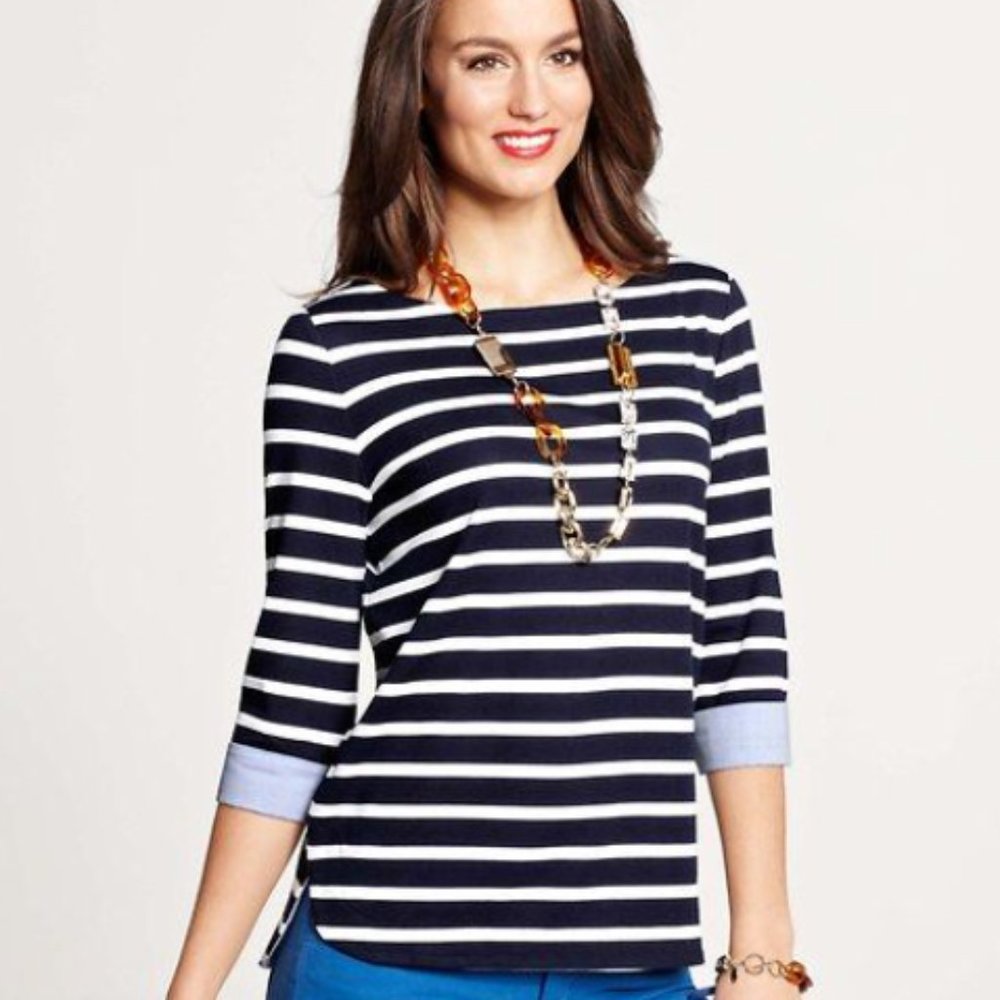 Ann Taylor Striped Ponte Cuffed Sleeve Top